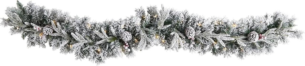 6ft. Flocked Artificial Christmas Garland with Pine Cones and 35 Warm White LED Lights (Green)